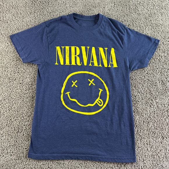 Nirvana Shirt Womens Medium Blue Yellow Smiley Print Grunge Kurt Cobain Ladies - Picture 1 of 9